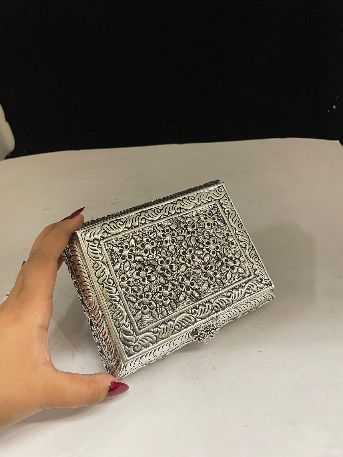 German silver flower design fully carved jewelry box